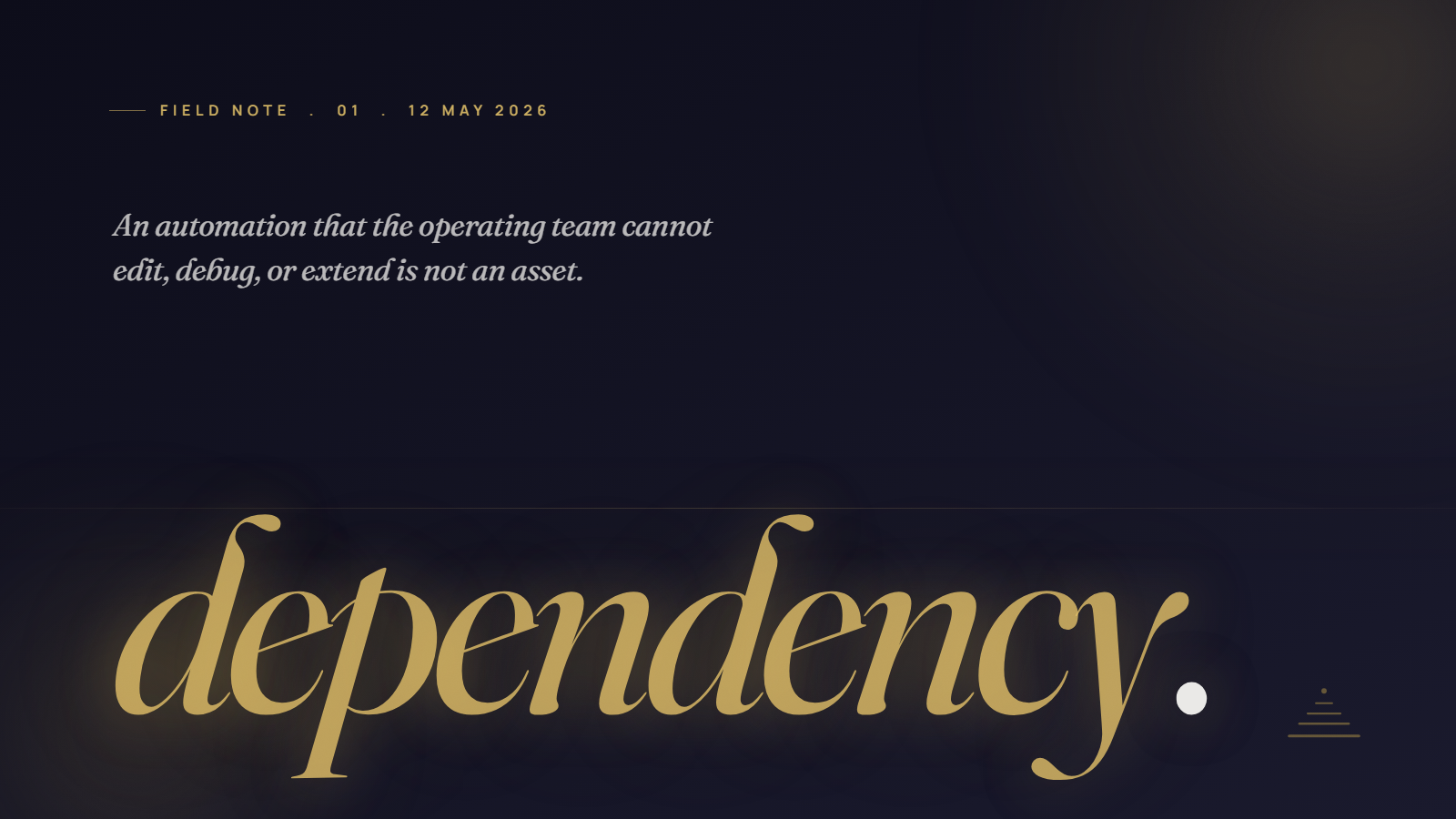 Field Note 01 hero: italic-gold Fraunces word 'dependency' over a cinematic navy backdrop, with the article's defining pull-quote, an automation that the operating team cannot edit, debug, or extend is not an asset.