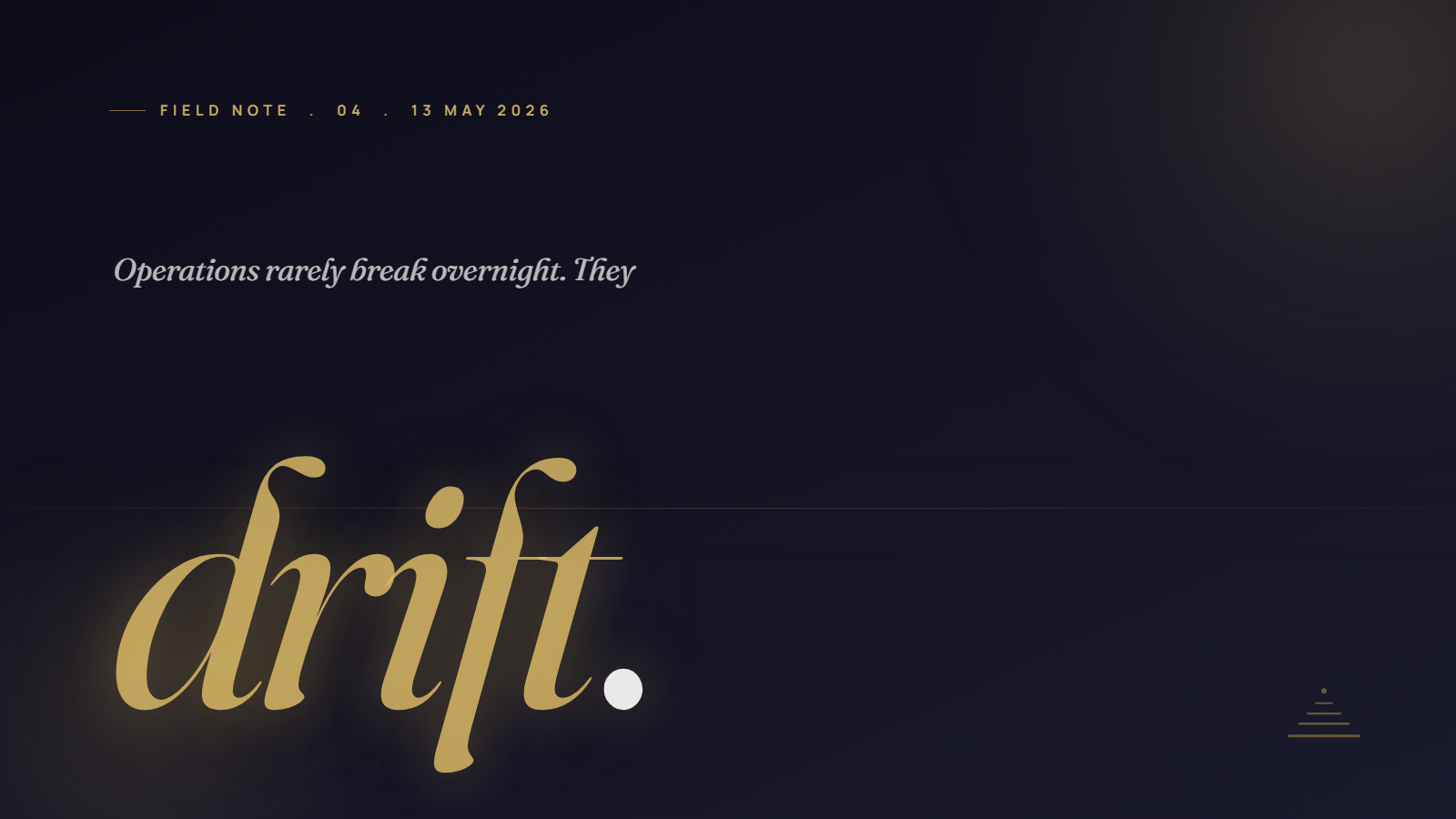 Field Note 04 hero: italic-gold Fraunces word 'drift' over a cinematic navy backdrop, with the article's defining pull-quote, an audit you do yourself in an afternoon with a notebook is worth more than a consultant's report you receive in six weeks.